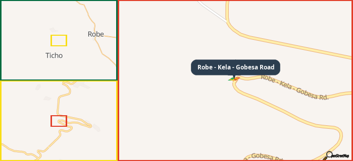 Map showing the address of Robe - Kela - Gobesa Road in three different zoom levels.