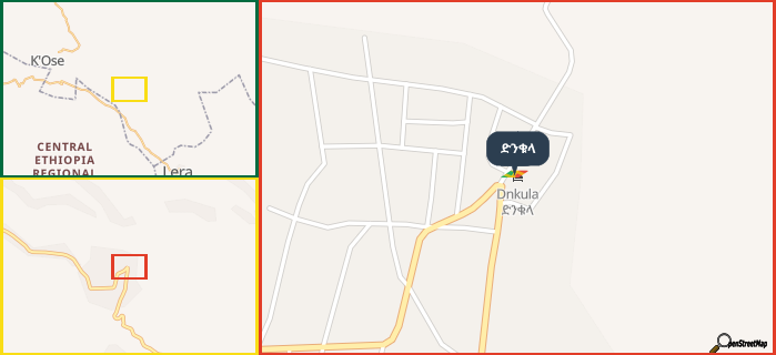 Map showing the address of ድንቁላ in three different zoom levels.