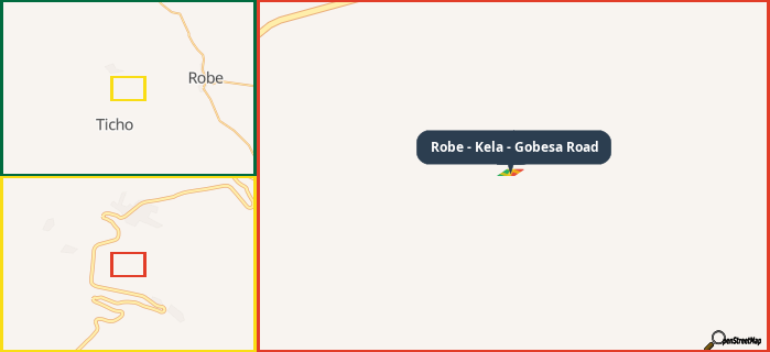 Map showing the address of Robe - Kela - Gobesa Road in three different zoom levels.