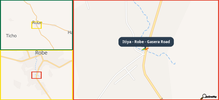 Map showing the address of Itiya - Robe - Gasera Road in three different zoom levels.