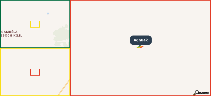 Map showing the address of Agnuak in three different zoom levels.