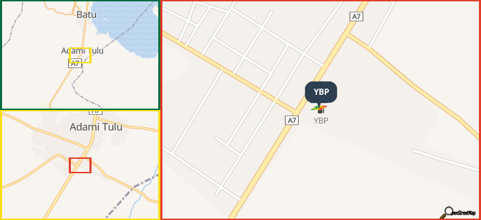 Map showing the address of YBP in three different zoom levels.