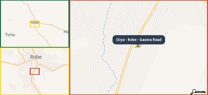 Map showing the address of Itiya - Robe - Gasera Road in three different zoom levels.