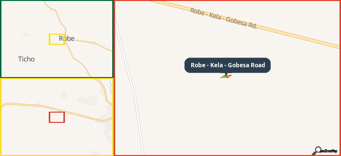 Map showing the address of Robe - Kela - Gobesa Road in three different zoom levels.