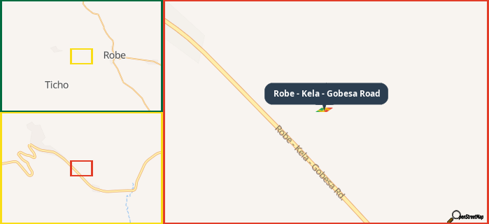 Map showing the address of Robe - Kela - Gobesa Road in three different zoom levels.