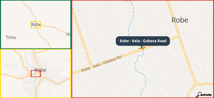 Map showing the address of Robe - Kela - Gobesa Road in three different zoom levels.
