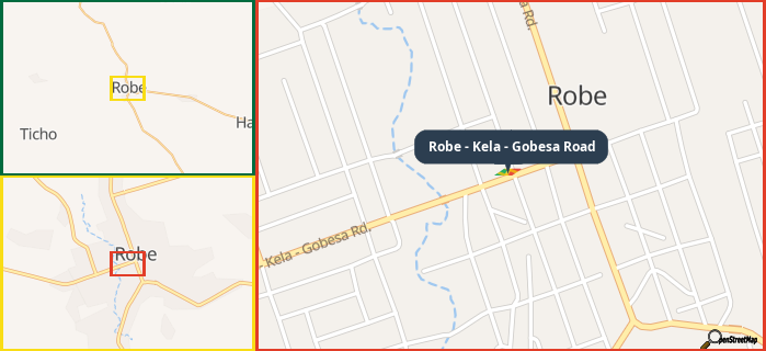 Map showing the address of Robe - Kela - Gobesa Road in three different zoom levels.