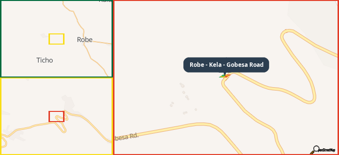 Map showing the address of Robe - Kela - Gobesa Road in three different zoom levels.