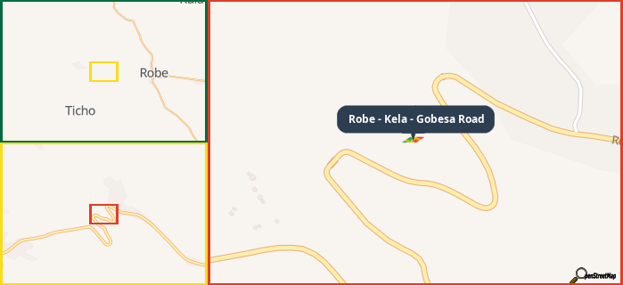 Map showing the address of Robe - Kela - Gobesa Road in three different zoom levels.