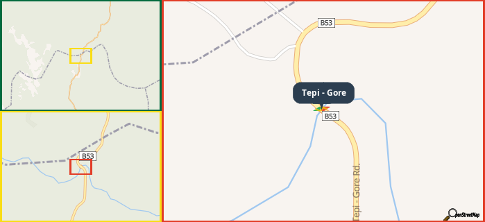 Map showing the address of Tepi - Gore in three different zoom levels.