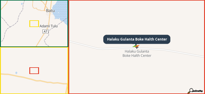 Map showing the address of Halaku Gulanta Boke Halth Center in three different zoom levels.
