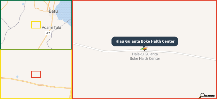 Map showing the address of Hlau Gulanta Boke Halth Center in three different zoom levels.