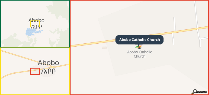 Map showing the address of Abobo Catholic Church in three different zoom levels.