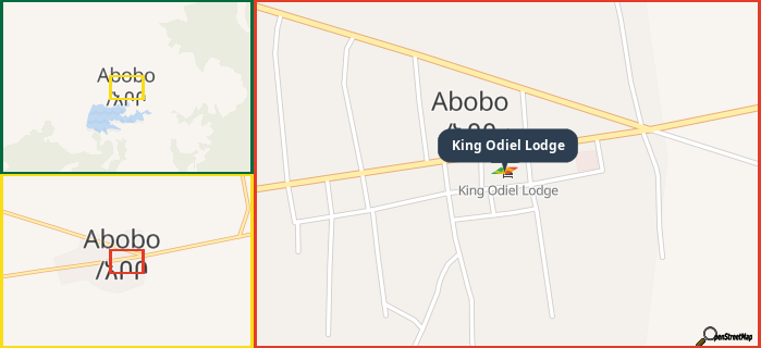 Map showing the address of King Odiel Lodge in three different zoom levels.