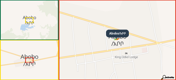 Map showing the address of Abobo/አቦቦ in three different zoom levels.
