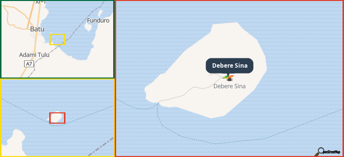 Map showing the address of Debere Sina in three different zoom levels.