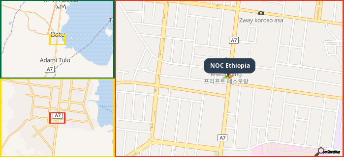 Map showing the address of NOC Ethiopia in three different zoom levels.