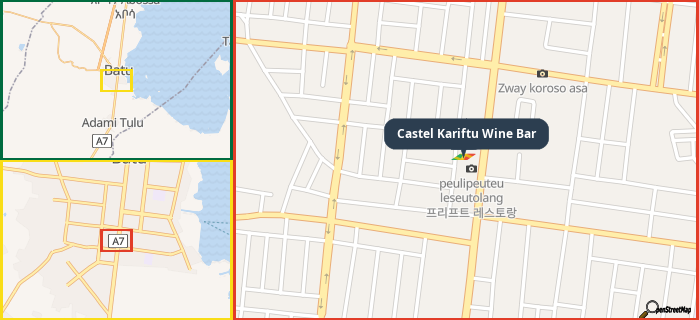 Map showing the address of Castel Kariftu Wine Bar in three different zoom levels.