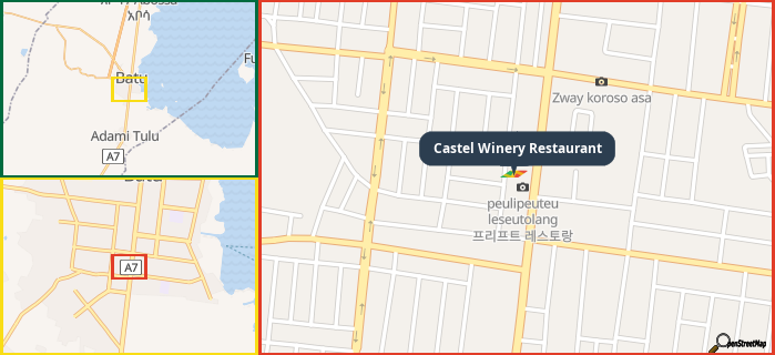 Map showing the address of Castel Winery Restaurant in three different zoom levels.