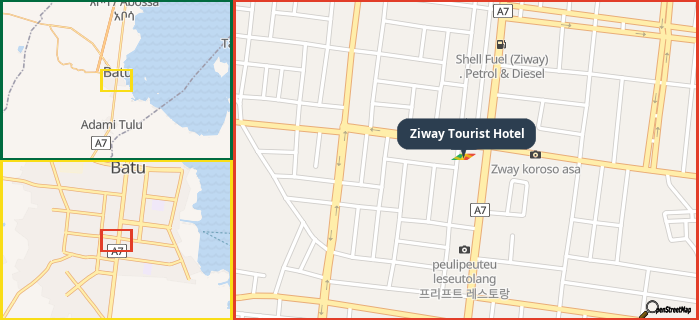 Map showing the address of Ziway Tourist Hotel in three different zoom levels.