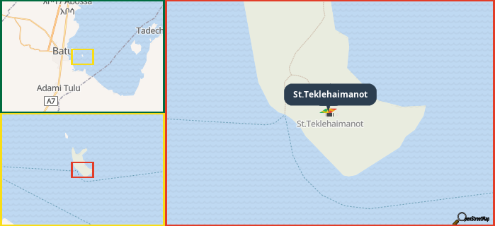 Map showing the address of St.Teklehaimanot in three different zoom levels.