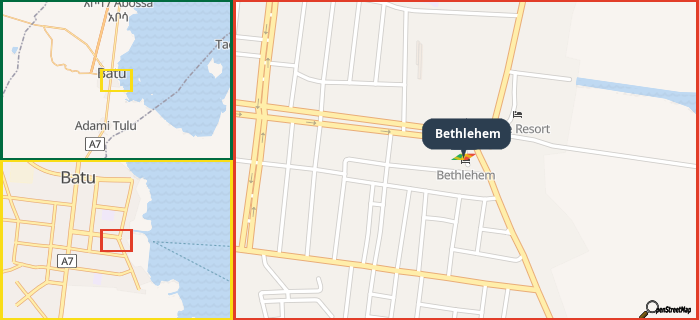 Map showing the address of Bethlehem in three different zoom levels.