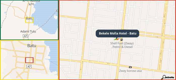 Map showing the address of Bekele Molla Hotel - Batu in three different zoom levels.