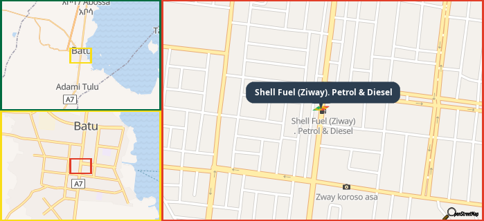 Map showing the address of Shell Fuel (Ziway). Petrol & Diesel in three different zoom levels.