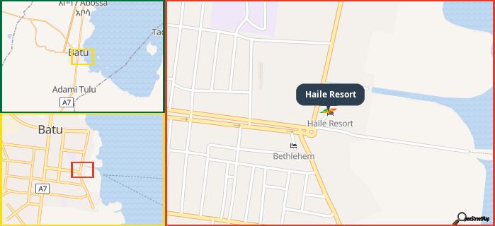 Map showing the address of Haile Resort in three different zoom levels.