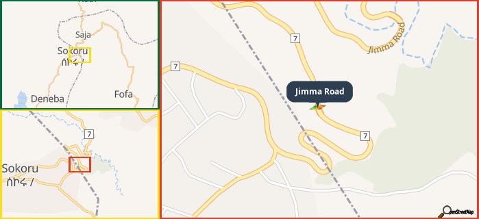 Map showing the address of Jimma Road in three different zoom levels.