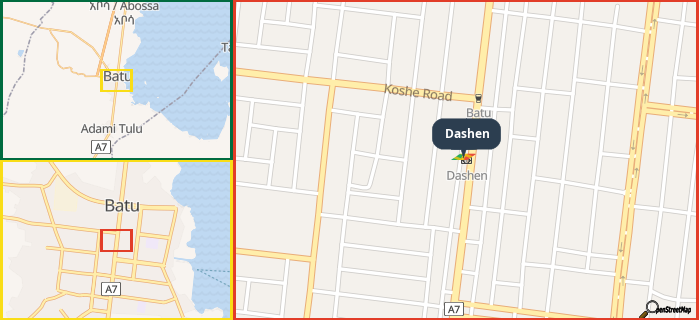 Map showing the address of Dashen in three different zoom levels.