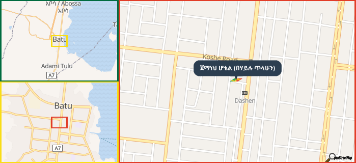 Map showing the address of ጀማነህ ሆቴል (በሃይሉ ጥላሁን) in three different zoom levels.