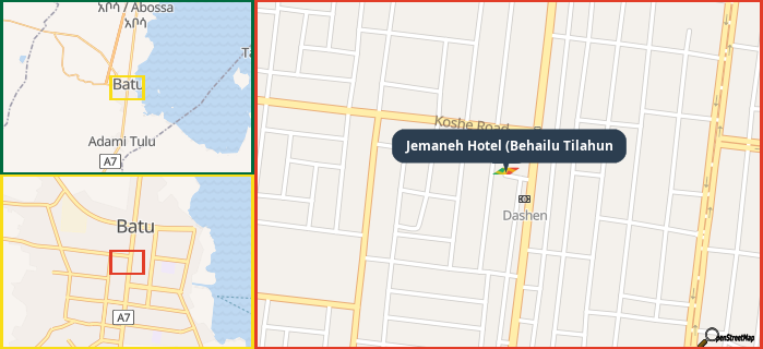 Map showing the address of Jemaneh Hotel (Behailu Tilahun in three different zoom levels.