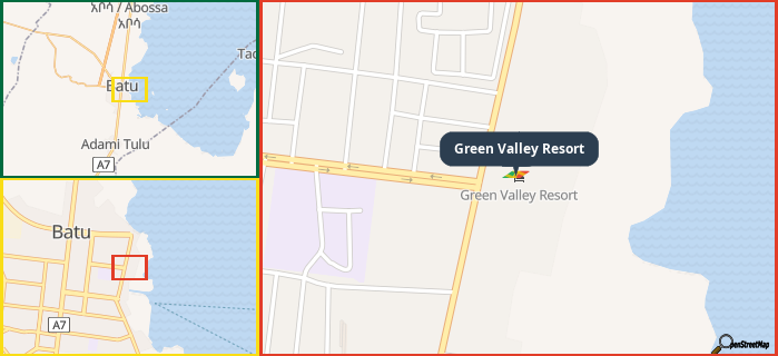 Map showing the address of Green Valley Resort in three different zoom levels.