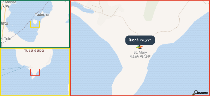 Map showing the address of ቅድስት ማርያም in three different zoom levels.