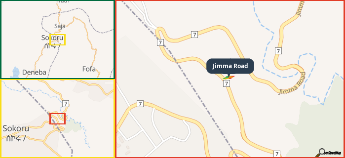 Map showing the address of Jimma Road in three different zoom levels.