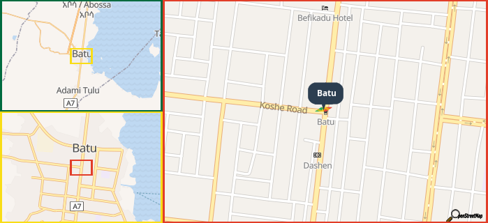 Map showing the address of Batu in three different zoom levels.