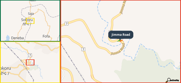 Map showing the address of Jimma Road in three different zoom levels.