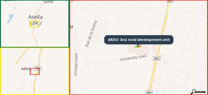 Map showing the address of ARDU- Arsi rural development unit in three different zoom levels.