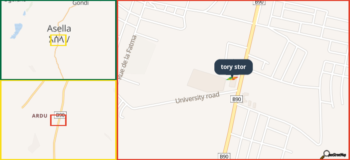 Map showing the address of tory stor in three different zoom levels.