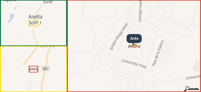 Map showing the address of Ardu in three different zoom levels.