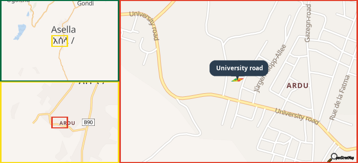 Map showing the address of University road in three different zoom levels.