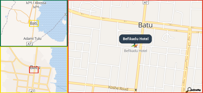Map showing the address of Befikadu Hotel in three different zoom levels.