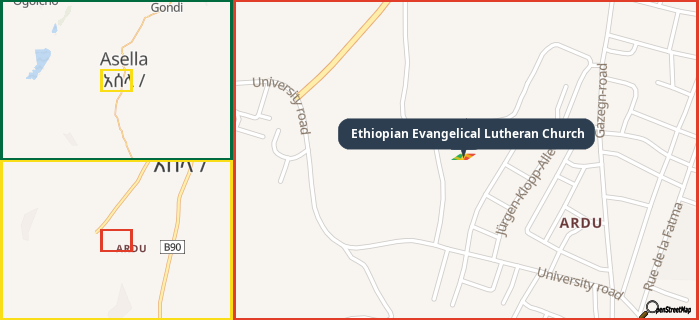 Map showing the address of Ethiopian Evangelical Lutheran Church in three different zoom levels.