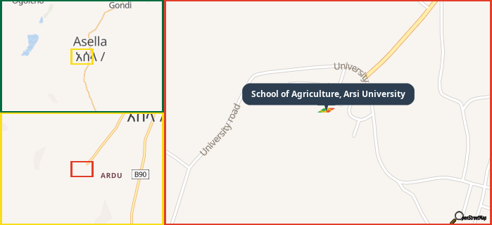 Map showing the address of School of Agriculture, Arsi University in three different zoom levels.
