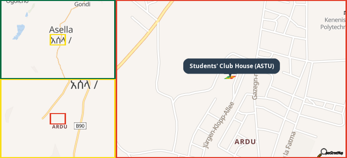 Map showing the address of Students' Club House (ASTU) in three different zoom levels.