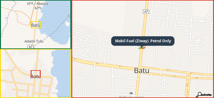 Map showing the address of Mobil Fuel (Ziway). Petrol Only in three different zoom levels.