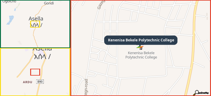Map showing the address of Kenenisa Bekele Polytechnic College in three different zoom levels.