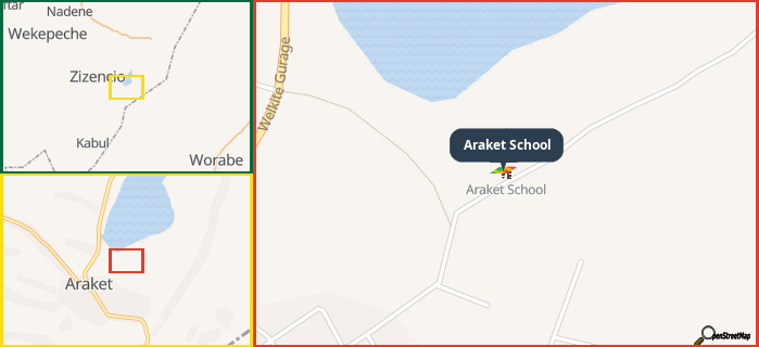 Map showing the address of Araket School in three different zoom levels.