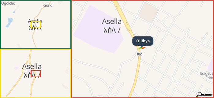 Map showing the address of Oilibya in three different zoom levels.